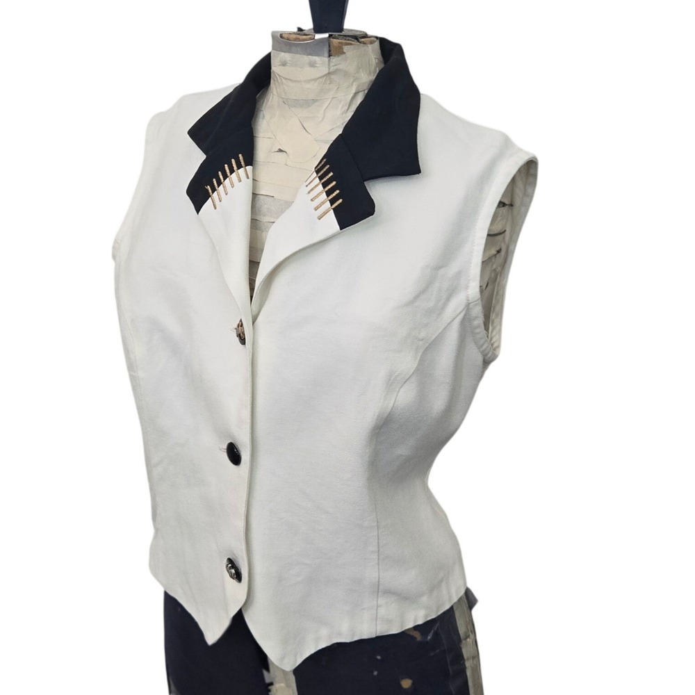 Vintage R.I. Fashions Womens Vest White Black Contrast Collar Made In USA 90s